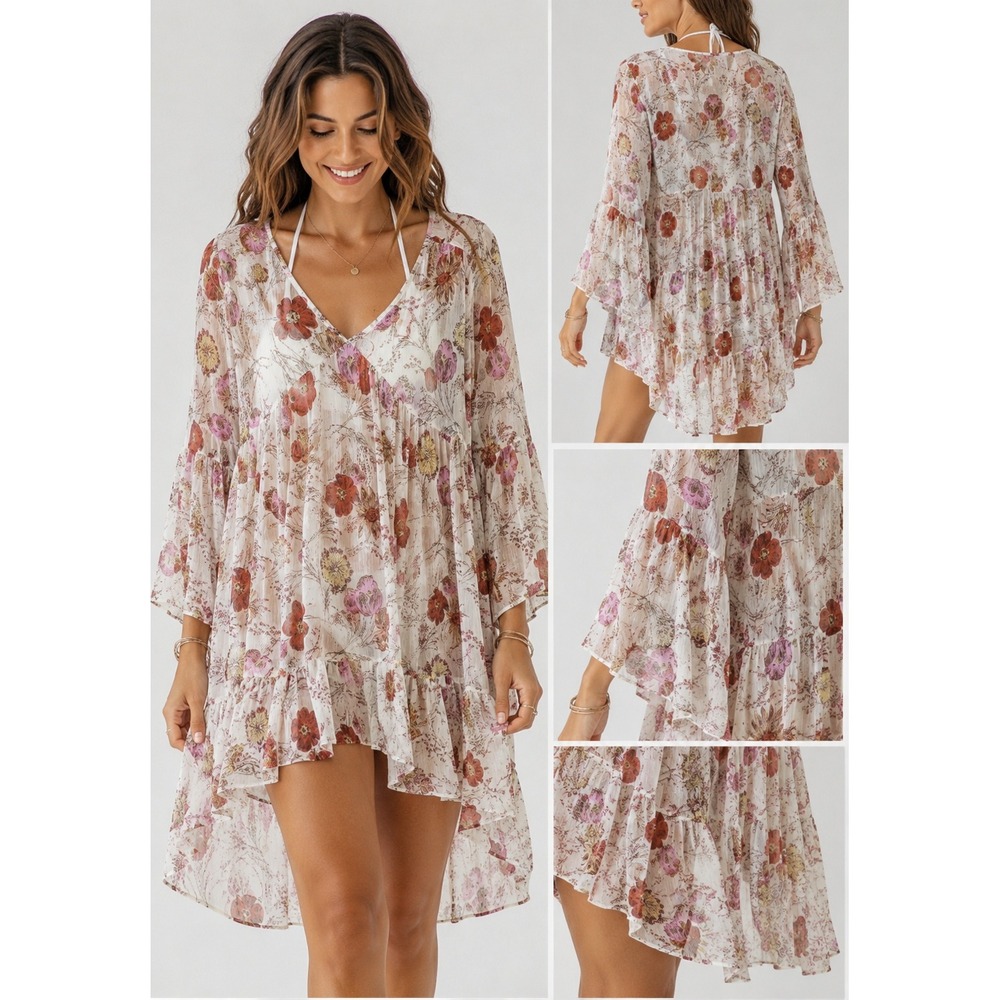 Floral Sheer S whimsigoth swimsuit coverup Cream Boho High Low Bell Sleeve fairy
